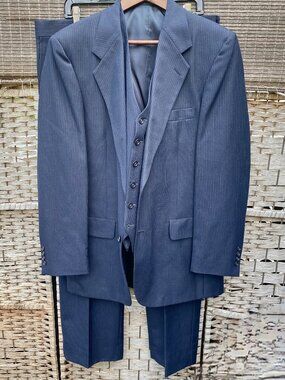 70s Navy Blue Pinstripe (3) Three Piece Suit Kuppenheimer Vintage
